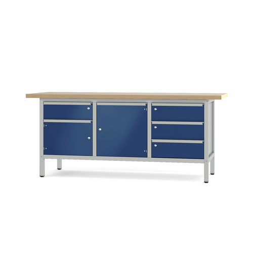 Pador Werkbank Baureihe 3 - 4 Schubladen 2 Türen 200 cm Lichtgrau-Enzianblau
