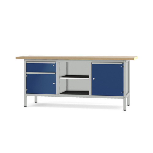 Pador Werkbank Baureihe 3 - 1 Schublade 2 Türen 200 cm Lichtgrau-Enzianblau