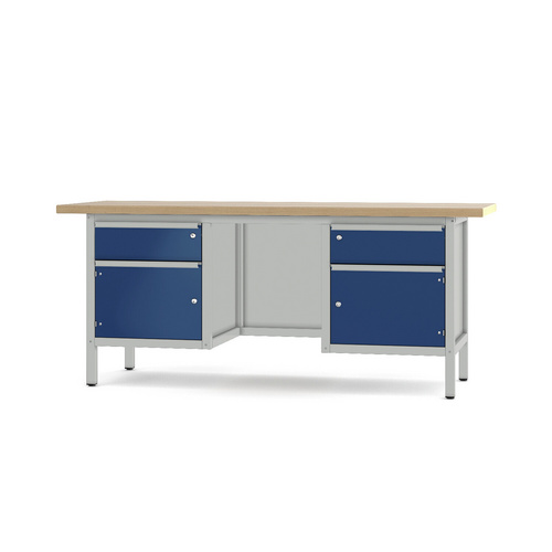 Pador Werkbank Baureihe 3 - 2 Schubladen 2 Türen 200 cm Lichtgrau-Enzianblau