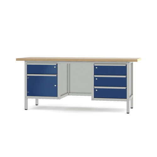 Pador Werkbank Baureihe 3 - 4 Schubladen 1 Tür 200 cm Lichtgrau-Enzianblau
