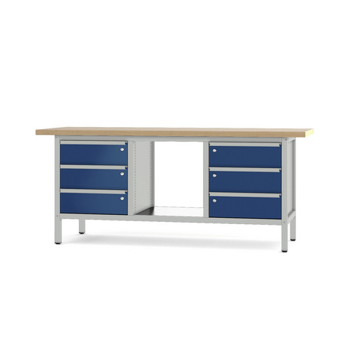 Pador Werkbank Baureihe 3 - 6 Schubladen 200 cm Lichtgrau-Enzianblau