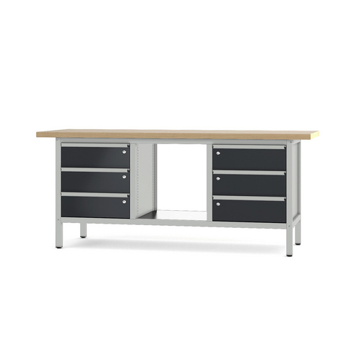 Pador Werkbank Baureihe 3 - 6 Schubladen 200 cm Lichtgrau-Anthrazitgrau