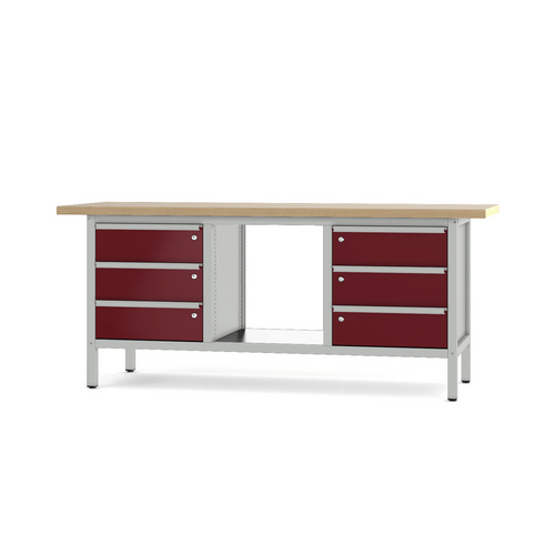 Pador Werkbank Baureihe 3 - 6 Schubladen 200 cm Lichtgrau-Rubinrot
