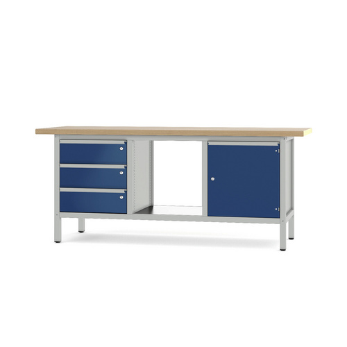 Pador Werkbank Baureihe 3 - 3 Schubladen 1 Tür 200 cm Lichtgrau-Enzianblau