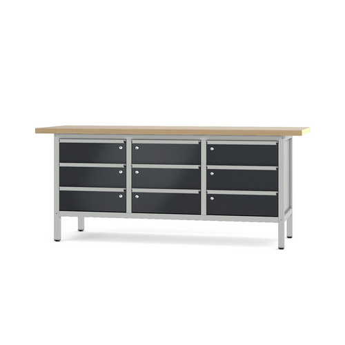 Pador Werkbank Baureihe 3 - 9 Schubladen 200 cm Lichtgrau-Anthrazitgrau