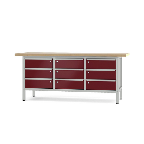 Pador Werkbank Baureihe 3 - 9 Schubladen 200 cm Lichtgrau-Rubinrot