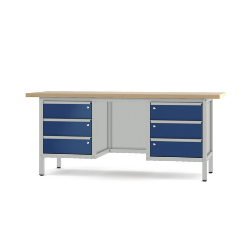 Pador Werkbank Baureihe 3 - 6 Schubladen 200 cm Lichtgrau-Enzianblau