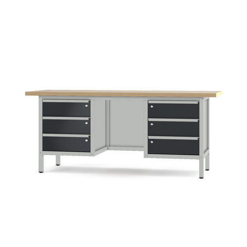Pador Werkbank Baureihe 3 - 6 Schubladen 200 cm Lichtgrau-Anthrazitgrau