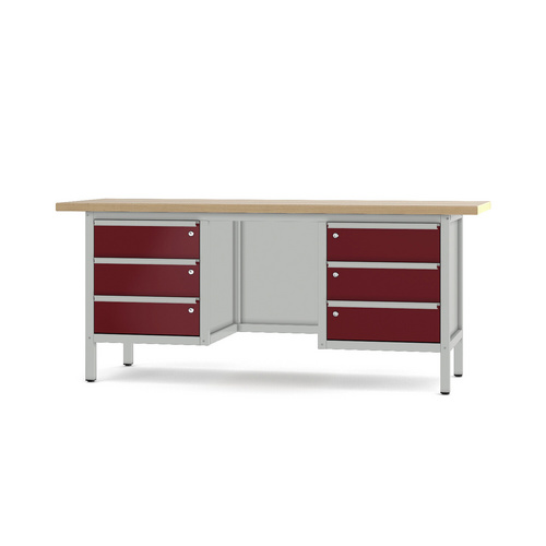 Pador Werkbank Baureihe 3 - 6 Schubladen 200 cm Lichtgrau-Rubinrot