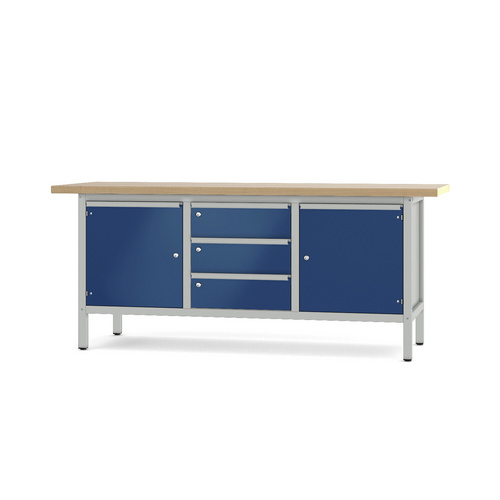 Pador Werkbank Baureihe 3 - 3 Schubladen 2 Türen 200 cm Lichtgrau-Enzianblau