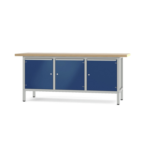 Pador Werkbank Baureihe 3 - 3 Türen 200 cm Lichtgrau-Enzianblau