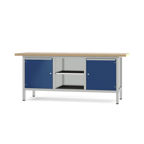 Pador Werkbank Baureihe 3 - 2 Türen 200 cm Lichtgrau-Enzianblau