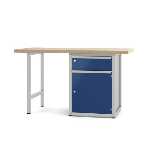 Pador Werkbank Baureihe 4 - 1 Schublade 1 Tür 150 cm Lichtgrau-Enzianblau
