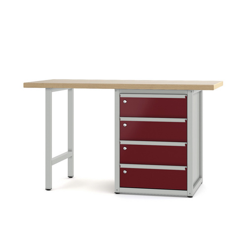 Pador Werkbank Baureihe 4 - 4 Schubladen 150 cm Lichtgrau-Rubinrot