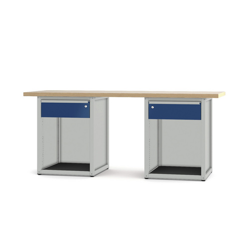 Pador Werkbank Baureihe 4 - 2 Schubladen 200 cm Lichtgrau-Enzianblau