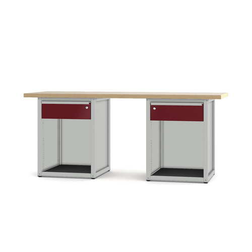 Pador Werkbank Baureihe 4 - 2 Schubladen 200 cm Lichtgrau-Rubinrot