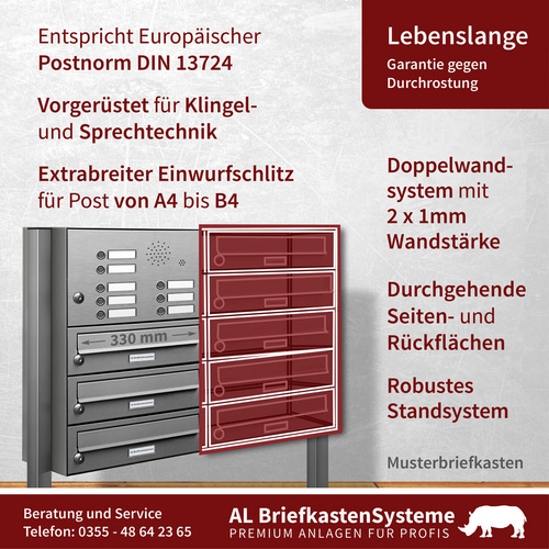 AL BRIEFKASTENSYSTEME Briefkasten »Premium«, (BxH): 84.6 x 170cm, Anzahl Schlitze: 13, stehend - grau