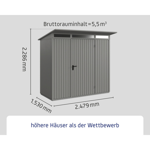 Ecostar Gerätehaus »Trend-P«, Metall, BxHxT: 238 x 228,6 x 107,8 cm (Außenmaße inkl. Dachüberstand) - grau