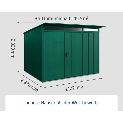 Ecostar Gerätehaus »Elegant-P«, Metall, BxHxT: 302,8 x 232,3 x 238 cm (Außenmaße inkl. Dachüberstand) - gruen