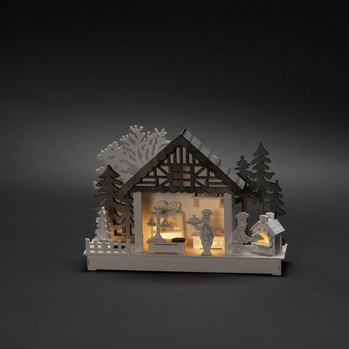 Konstsmide LED-Dekoration, Holzsilhouette Haus und Bäckerei, Batteriebetrieb, weiß - weiss