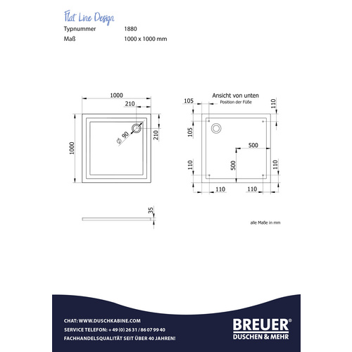 Thumbnail - BREUER Duschwanne »Flat Line Design«, BxT: 100 x 100 cm, weiß - weiss