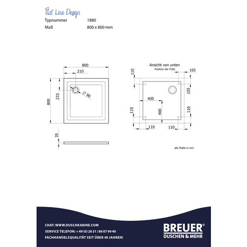 Thumbnail - BREUER Duschwanne »Flat Line Design«, BxT: 80 x 80 cm, weiß - weiss
