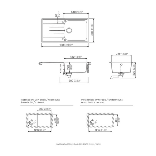 RESPEKTA Spüle, BxHxL: 100 x 22,5 x 50 ...