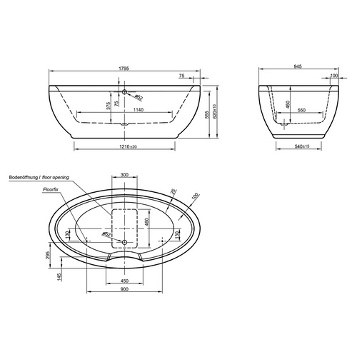 Thumbnail - OTTOFOND Badewanne »Luna«, BxHxL: 94,5 x 45 x 179,5 cm, oval - weiss