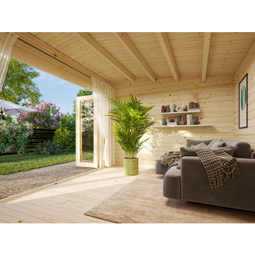 PALMAKO Ferienhaus »Ines«, Aufstellmaße BxTxH: 434 x 379 x 250 cm, lackiert, Holz - grau |  Fichte