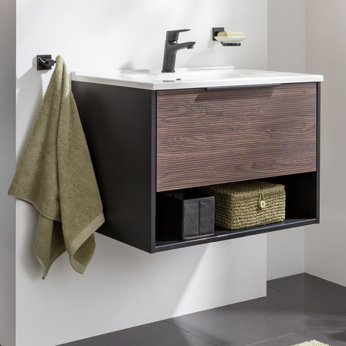 Thumbnail - FACKELMANN Badmöbel-Set »B.Paris«, Gussmarmorbecken, Schwarz Matt/Rigoletto Eiche - braun