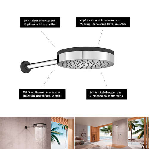Thumbnail - Chris Bergen Design-Kopfbrause mit Brausearm, chrom/schwarz matt, wassersparend - silberfarben | schwarz