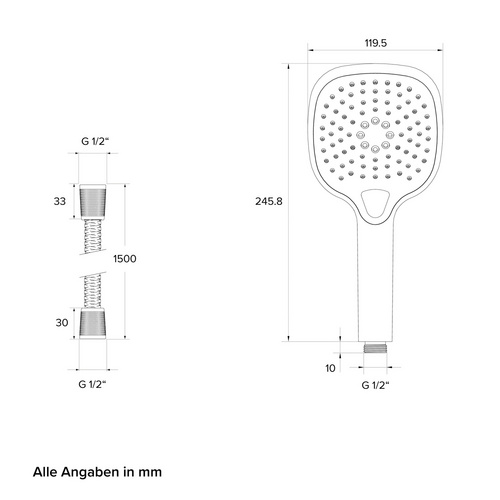 Thumbnail - Chris Bergen Handbrause mit Brauseschlauch, chrom, drei Strahlarten - silberfarben