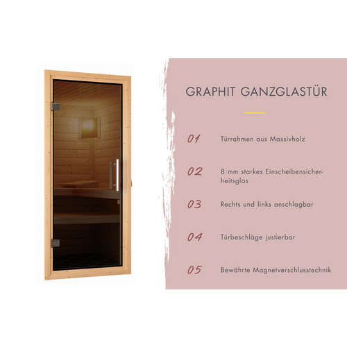 Thumbnail - KARIBU Saunatür, 64x173 cm, für Saunen mit 38/40 mm Wandstärke, Ganzglastür, graphit - grau