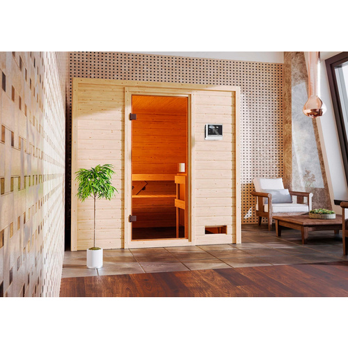KARIBU Sauna »Pirita«, BxTxH: 196 x 169 x 187 cm, 9 kW Bio-Ofen mit externe Steuerung , für 3 Personen - beige