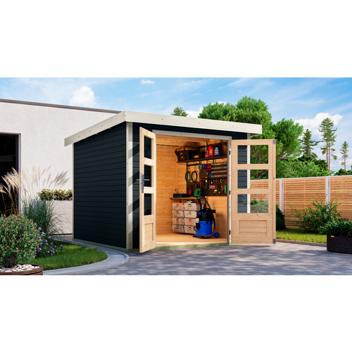 KARIBU Gartenhaus »Osterby 3,5 C«, BxHxT: 266 x 209 x 242 cm (Außenmaße inkl. Dachüberstand), Wandstärke 19 mm - grau |  Fichte  |  5,76 m²