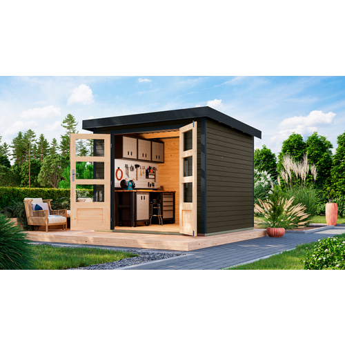 KARIBU Gartenhaus »Osterby 3 B«, BxHxT: 272,5 x 209 x 213 cm (Außenmaße inkl. Dachüberstand), Wandstärke 19 mm - grau |  Fichte  |  5,05 m²