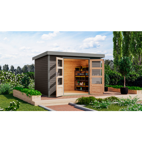 KARIBU Gartenhaus »Osterby 4 B«, BxHxT: 322,5 x 209 x 213 cm (Außenmaße inkl. Dachüberstand), Wandstärke 19 mm - grau | Fichte | 6,35 m² KARIBU Gartenhaus »Osterby 4 B«, BxHxT: 322,5 x 209 x 213 cm (Außenmaße inkl. Dachüberstand), Wandstärke 19 mm - grau | Fichte | 6,35 m²