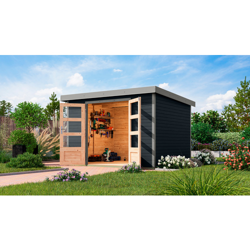 KARIBU Gartenhaus »Osterby 5 C«, BxHxT: 320 x 209 x 242 cm (Außenmaße inkl. Dachüberstand), Wandstärke 19 mm - grau |  Fichte  |  7,21 m²