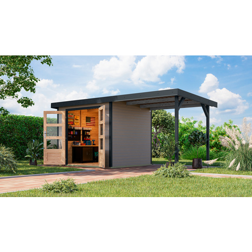 KARIBU Gartenhaus »Osterby 3 D«, BxHxT: 488 x 209 x 213 cm (Außenmaße inkl. Dachüberstand), Wandstärke 19 mm - grau |  Fichte  |  5,05 m²