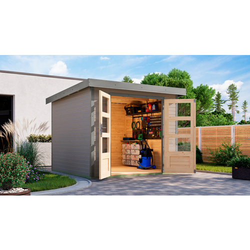 KARIBU Gartenhaus »Osterby 3,5 D«, BxHxT: 266,5 x 209 x 242 cm (Außenmaße inkl. Dachüberstand), Wandstärke 19 mm - grau |  Fichte  |  5,76 m²