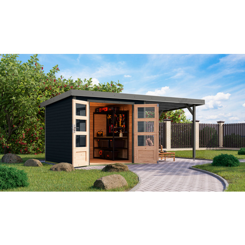 KARIBU Gartenhaus »Osterby 3,5 C«, BxHxT: 482,5 x 209 x 242 cm (Außenmaße inkl. Dachüberstand), Wandstärke 19 mm - grau |  Fichte  |  5,76 m²