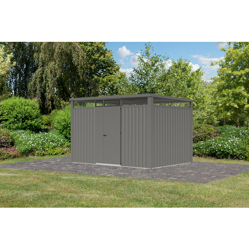 KARIBU Gartenhaus »Osten 3«, BxHxT: 348 x 218 x 11,5 cm(Außenmaße inkl. Dachüberstand), Wandstärke 0,5 mm - grau