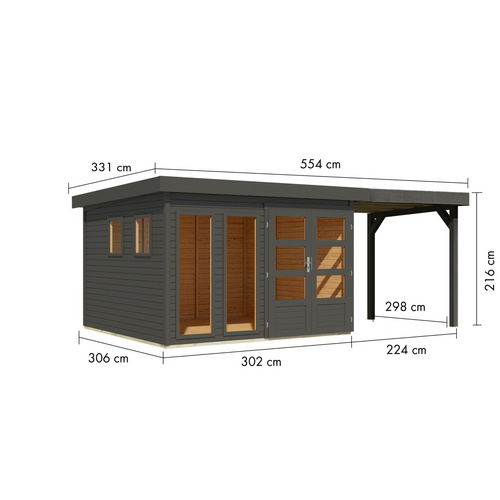 KARIBU Gartenhaus »Lahar 6«, BxHxT: 560 x 216 x 302 cm (Außenmaße inkl. Dachüberstand), Wandstärke 19 mm - grau