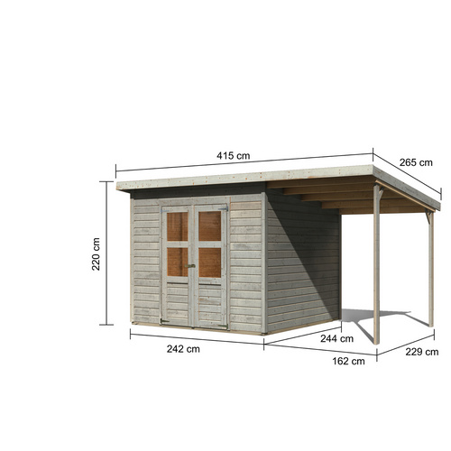 KARIBU Ferienhaus »Merseburg 6«, BxHxT: 426 x 219 x 240 cm (Außenmaße inkl. Dachüberstand), Wandstärke 14 mm - grau |  Fichte  |  5,74 m²