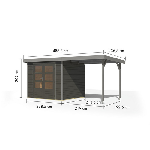 KARIBU Gartenhaus »Osterby 3 B«, BxHxT: 488 x 209 x 213 cm (Außenmaße inkl. Dachüberstand), Wandstärke 19 mm - grau |  Fichte  |  5,05 m²