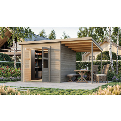 KARIBU Ferienhaus »Merseburg 6«, BxHxT: 426 x 219 x 240 cm (Außenmaße inkl. Dachüberstand), Wandstärke 14 mm - grau |  Fichte  |  5,74 m²