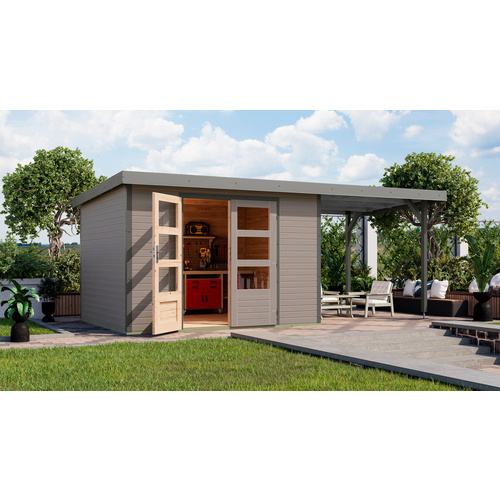 KARIBU Gartenhaus »Osterby 5 D«, BxHxT: 536 x 209 x 242 cm (Außenmaße inkl. Dachüberstand), Wandstärke 19 mm - grau |  Fichte  |  7,21 m²