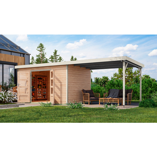 Thumbnail - KARIBU Gartenhaus »Haby 7 A«, BxHxT: 693,5 x 219 x 240 cm (Außenmaße inkl. Dachüberstand), Wandstärke 28 mm - braun