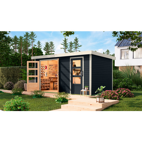 KARIBU Gartenhaus »Merkur C«, BxHxT: 432 x 209 x 213 cm (Außenmaße inkl. Dachüberstand), Wandstärke 19 mm - grau