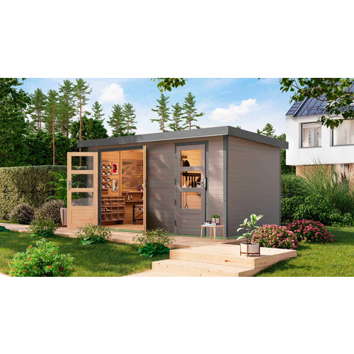 KARIBU Gartenhaus »Merkur D«, BxHxT: 432,5 x 209 x 213 cm (Außenmaße inkl. Dachüberstand), Wandstärke 19 mm - grau |  Fichte  |  8,52 m²